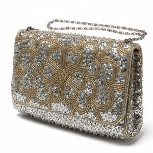 La Regale LTD Vintage Beaded Sequin Evening Clutch Gold Floral Silver Two-Tone